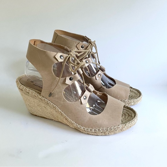 Anthropologie Carmen Saiz Leather Espadrille Wedge Sandals Strappy Gladiator Tan - Picture 2 of 9